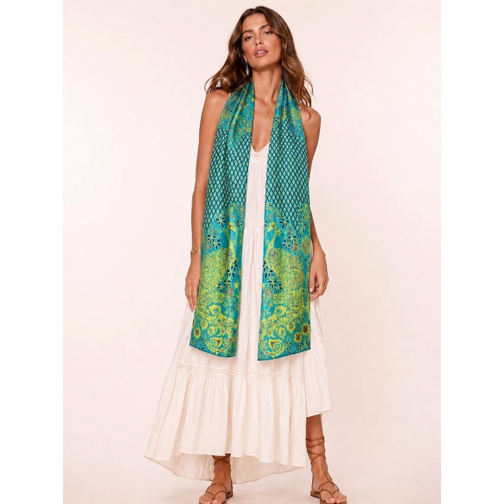 Liang Turquoise Green Peacock Floral Boho Festival Scarf Lightweight‎ 19x60